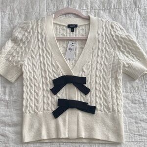 Express Cream Cable Knit V-Neck Short Sleeve Cardigan with Black Bows